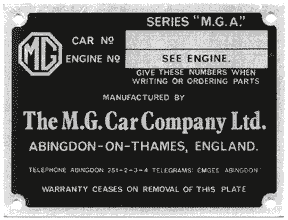 MGA 1600 screen printed reproduction ID plate